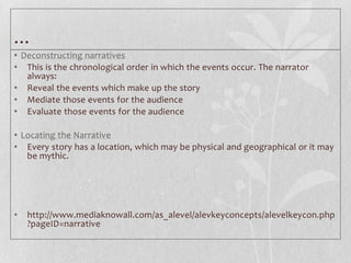 …
• Deconstructing narratives
• This is the chronological order in which the events occur. The narrator
   always:
• Revea...