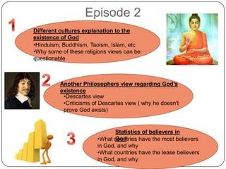 Episode 2
Different cultures explanation to the
existence of God
•Hinduism, Buddhism, Taoism, Islam, etc
•Why some of these religions views can be
questionable
Another Philosophers view regarding God’s
existence
•Descartes view
•Criticisms of Descartes view ( why he doesn't
prove God exists)
Statistics of believers in
God•What countries have the most believers
in God, and why
•What countries have the lease believers
in God, and why
 