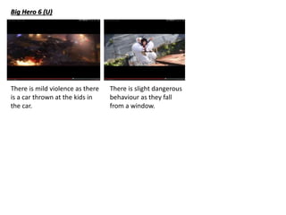 Big Hero 6 (U) 
There is mild violence as there 
is a car thrown at the kids in 
the car. 
There is slight dangerous 
behaviour as they fall 
from a window. 
 