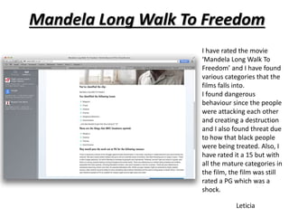 Mandela Long Walk To Freedom 
I have rated the movie 
‘Mandela Long Walk To 
Freedom’ and I have found 
various categories that the 
films falls into. 
I found dangerous 
behaviour since the people 
were attacking each other 
and creating a destruction 
and I also found threat due 
to how that black people 
were being treated. Also, I 
have rated it a 15 but with 
all the mature categories in 
the film, the film was still 
rated a PG which was a 
shock. 
Leticia 
 