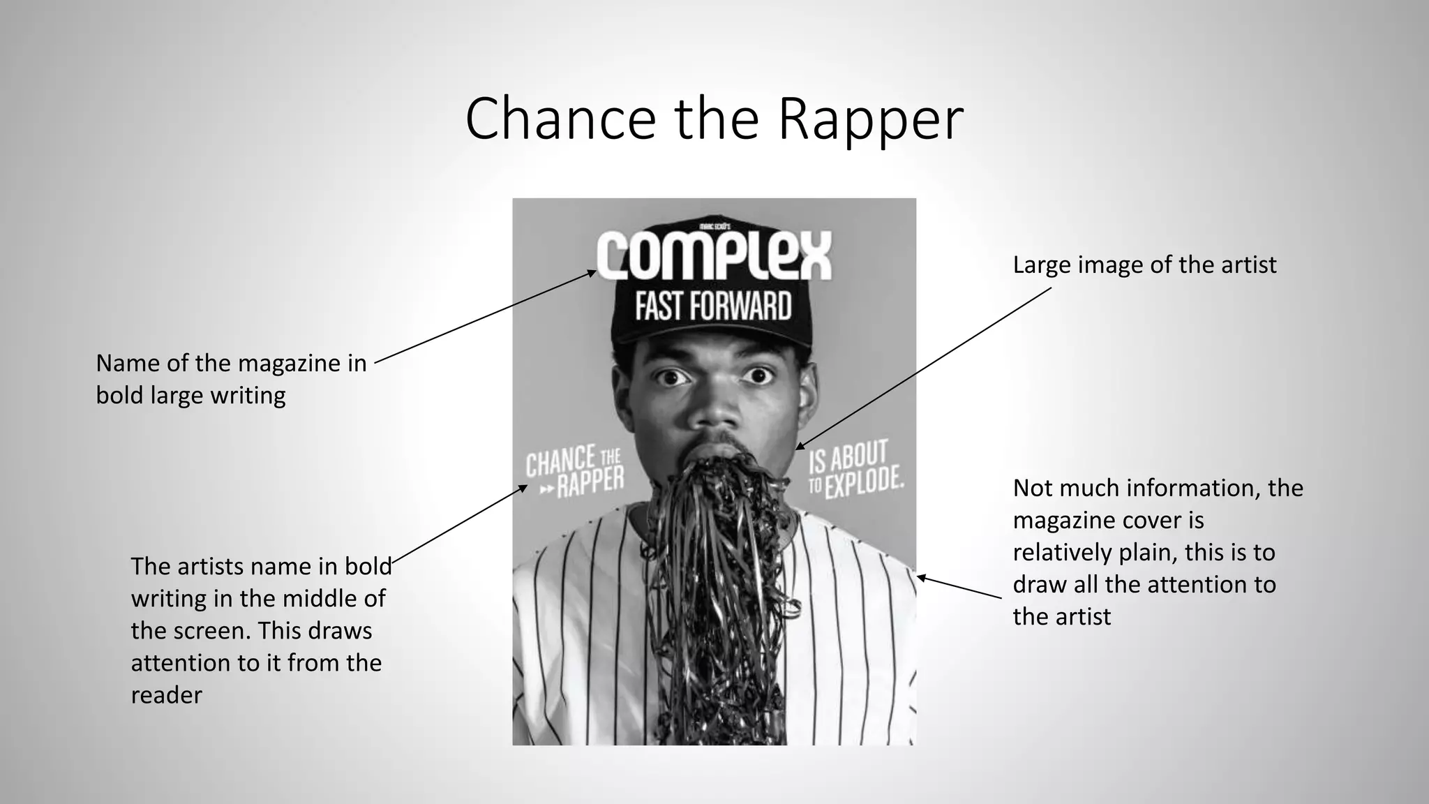 Chance the Rapper
Large image of the artist
Name of the magazine in
bold large writing
The artists name in bold
writing in the middle of
the screen. This draws
attention to it from the
reader
Not much information, the
magazine cover is
relatively plain, this is to
draw all the attention to
the artist
 