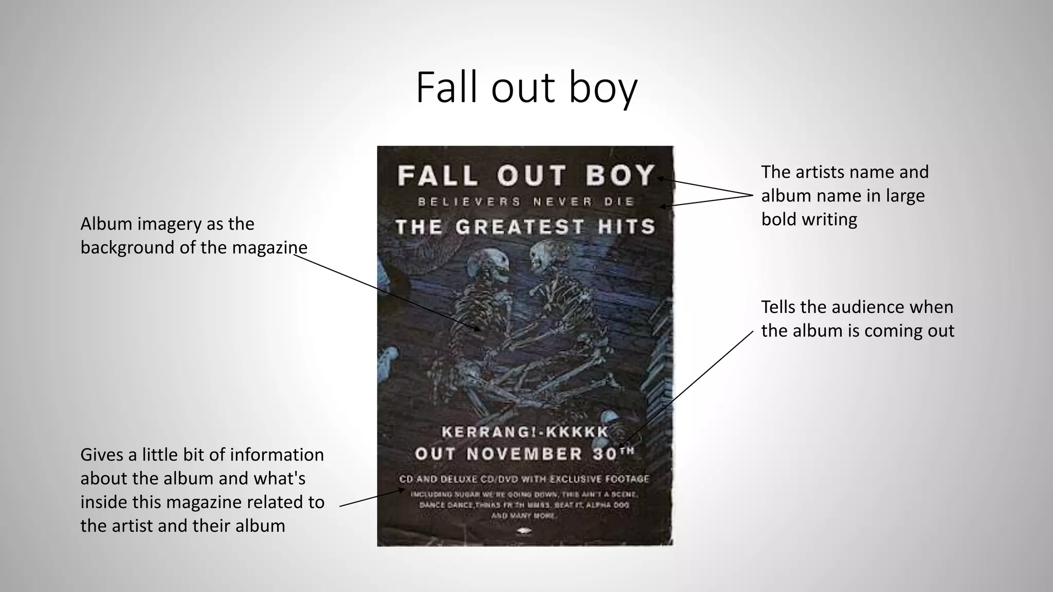 Fall out boy
Tells the audience when
the album is coming out
The artists name and
album name in large
bold writing
Gives a little bit of information
about the album and what's
inside this magazine related to
the artist and their album
Album imagery as the
background of the magazine
 