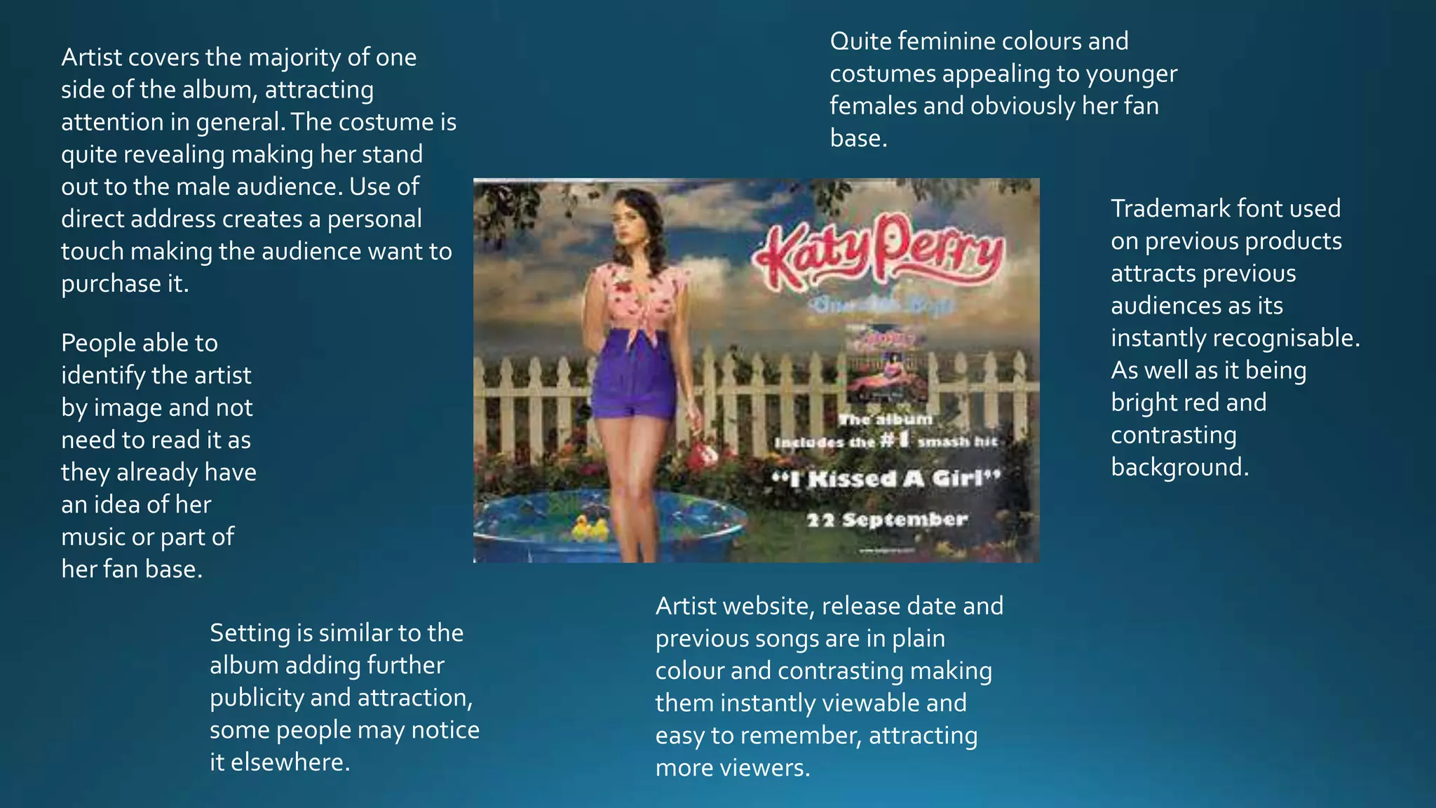 Artist covers the majority of one
side of the album, attracting
attention in general.The costume is
quite revealing making her stand
out to the male audience. Use of
direct address creates a personal
touch making the audience want to
purchase it.
People able to
identify the artist
by image and not
need to read it as
they already have
an idea of her
music or part of
her fan base.
Setting is similar to the
album adding further
publicity and attraction,
some people may notice
it elsewhere.
Artist website, release date and
previous songs are in plain
colour and contrasting making
them instantly viewable and
easy to remember, attracting
more viewers.
Quite feminine colours and
costumes appealing to younger
females and obviously her fan
base.
Trademark font used
on previous products
attracts previous
audiences as its
instantly recognisable.
As well as it being
bright red and
contrasting
background.
 