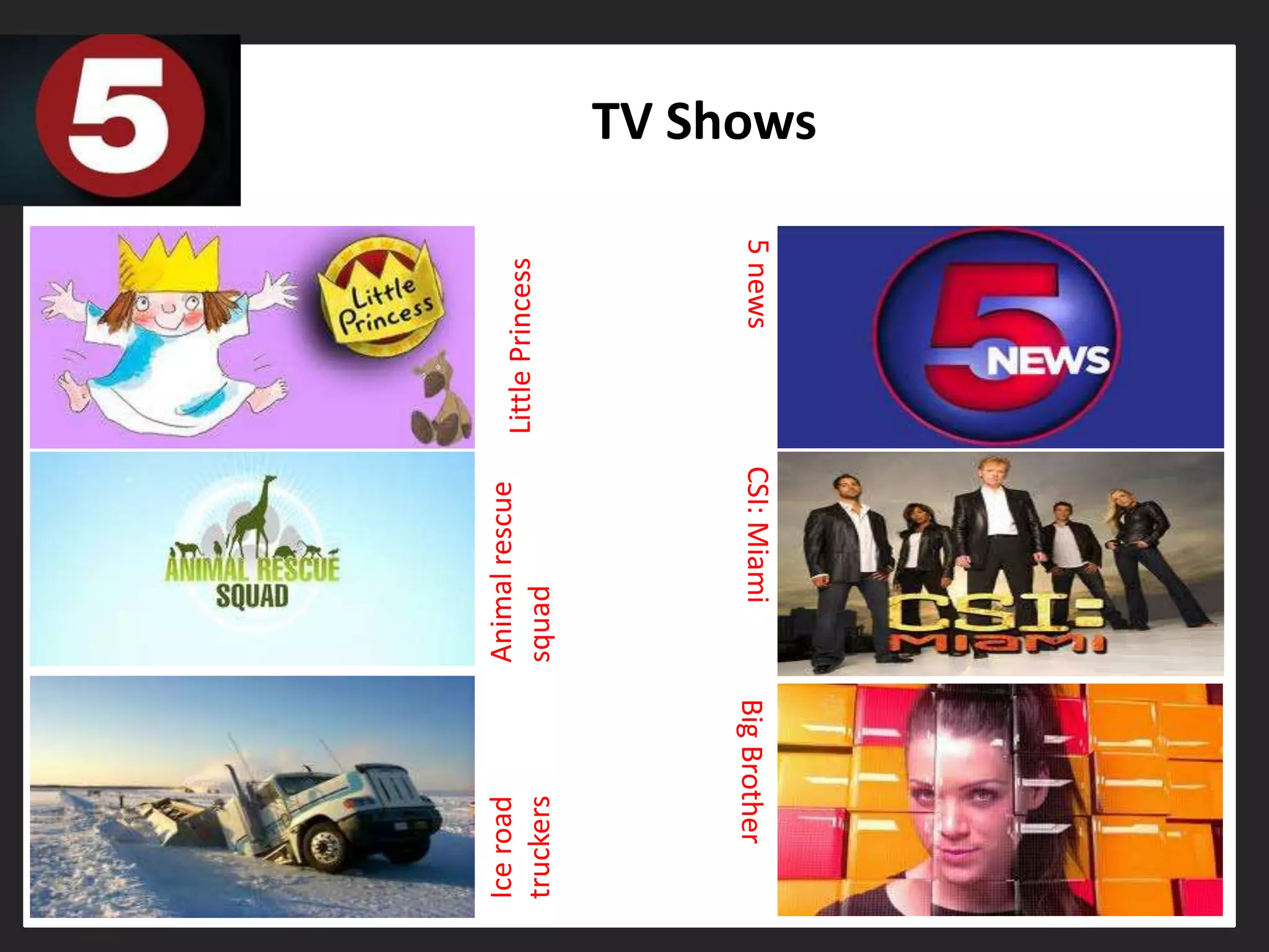 Ice road          Animal rescue
                                   Little Princess
truckers          squad




    Big Brother       CSI: Miami           5 news
                                                     TV Shows
 