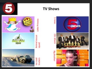 Ice road          Animal rescue
                                   Little Princess
truckers          squad




    Big Brother       CSI: Miami           5 news
                                                     TV Shows
 