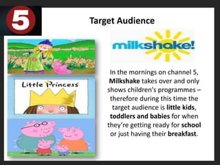 Target Audience




     In the mornings on channel 5,
     Milkshake takes over and only
    shows children's programmes –
     therefore during this time the
      target audience is little kids,
     toddlers and babies for when
    they’re getting ready for school
     or just having their breakfast.
 