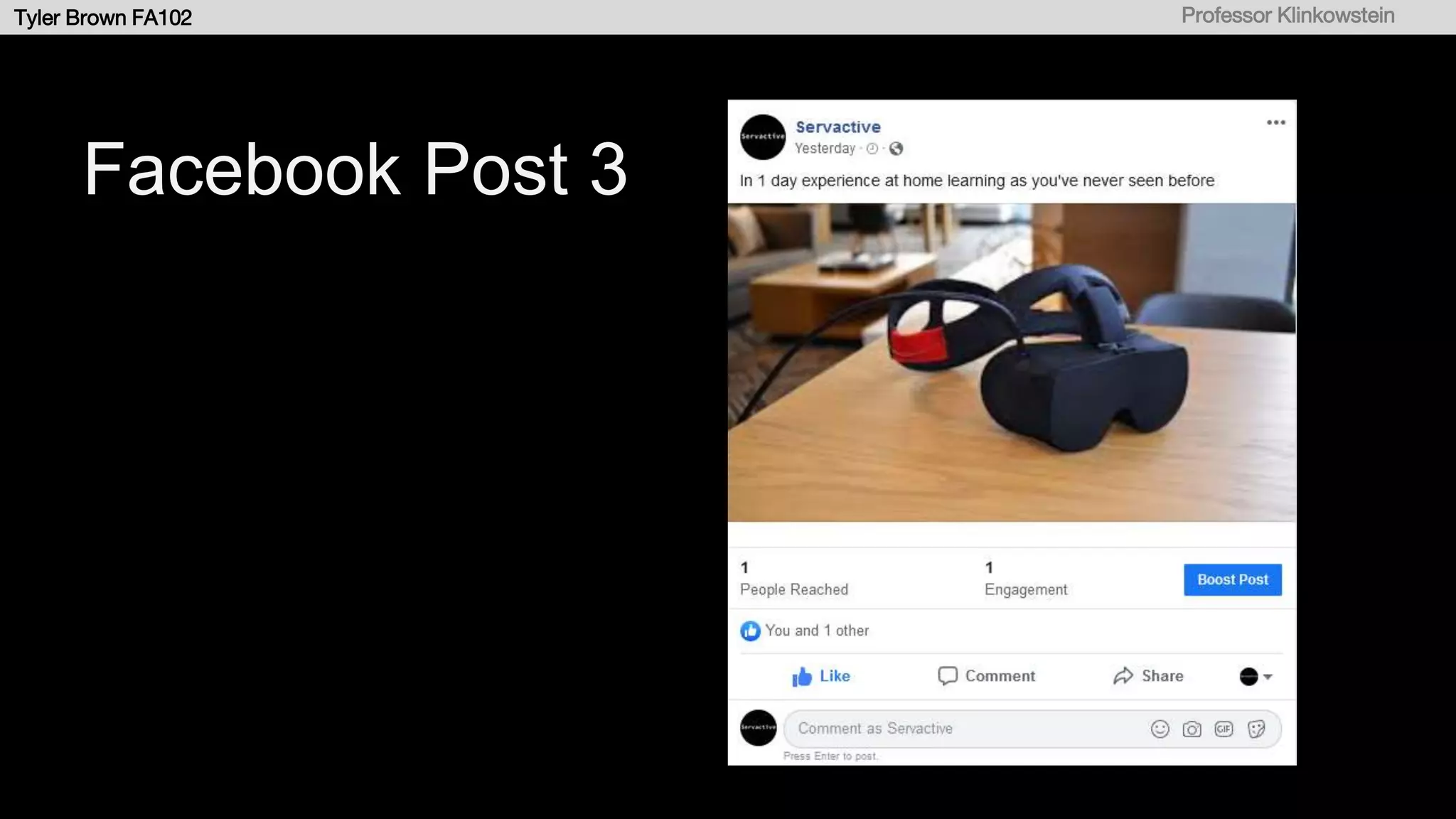 Tyler Brown FA102 Professor Klinkowstein
Facebook Post 3
 