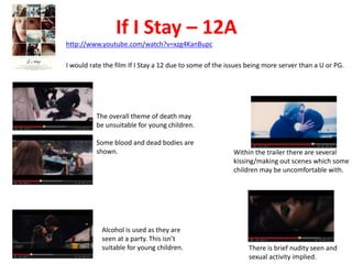 If I Stay – 12A 
http://www.youtube.com/watch?v=xzg4KanBupc 
I would rate the film If I Stay a 12 due to some of the issues being more server than a U or PG. 
The overall theme of death may 
be unsuitable for young children. 
Some blood and dead bodies are 
shown. 
There is brief nudity seen and 
sexual activity implied. 
Alcohol is used as they are 
seen at a party. This isn’t 
suitable for young children. 
Within the trailer there are several 
kissing/making out scenes which some 
children may be uncomfortable with. 
 