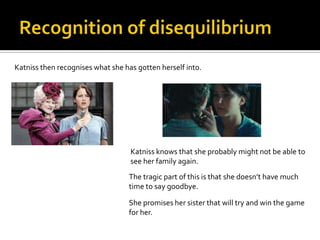 Katniss then recognises what she has gotten herself into.




                                   Katniss knows that she probably might not be able to
                                   see her family again.
                                  The tragic part of this is that she doesn’t have much
                                  time to say goodbye.

                                  She promises her sister that will try and win the game
                                  for her.
 