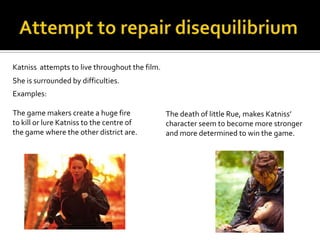 Katniss attempts to live throughout the film.
She is surrounded by difficulties.
Examples:

The game makers create a huge fire              The death of little Rue, makes Katniss’
to kill or lure Katniss to the centre of        character seem to become more stronger
the game where the other district are.          and more determined to win the game.
 