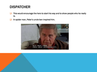 DISPATCHER
 This would encourage the hero to start his way and to show people who he really
  is.
 In spider man, Peter’s uncle ben inspired him.
 
