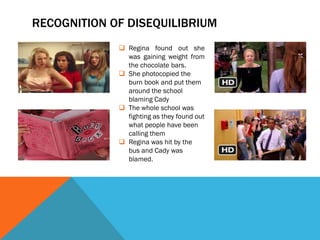 RECOGNITION OF DISEQUILIBRIUM
              Regina found out she
               was gaining weight from
               the chocolate bars.
              She photocopied the
               burn book and put them
               around the school
               blaming Cady
              The whole school was
               fighting as they found out
               what people have been
               calling them
              Regina was hit by the
               bus and Cady was
               blamed.
 