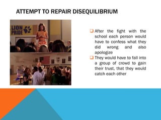 ATTEMPT TO REPAIR DISEQUILIBRIUM


                        After the fight with the
                         school each person would
                         have to confess what they
                         did wrong and also
                         apologize
                        They would have to fall into
                         a group of crowd to gain
                         their trust, that they would
                         catch each other
 