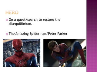  Ona quest/search to restore the
 disequilibrium.

 The   Amazing Spiderman/Peter Parker
 