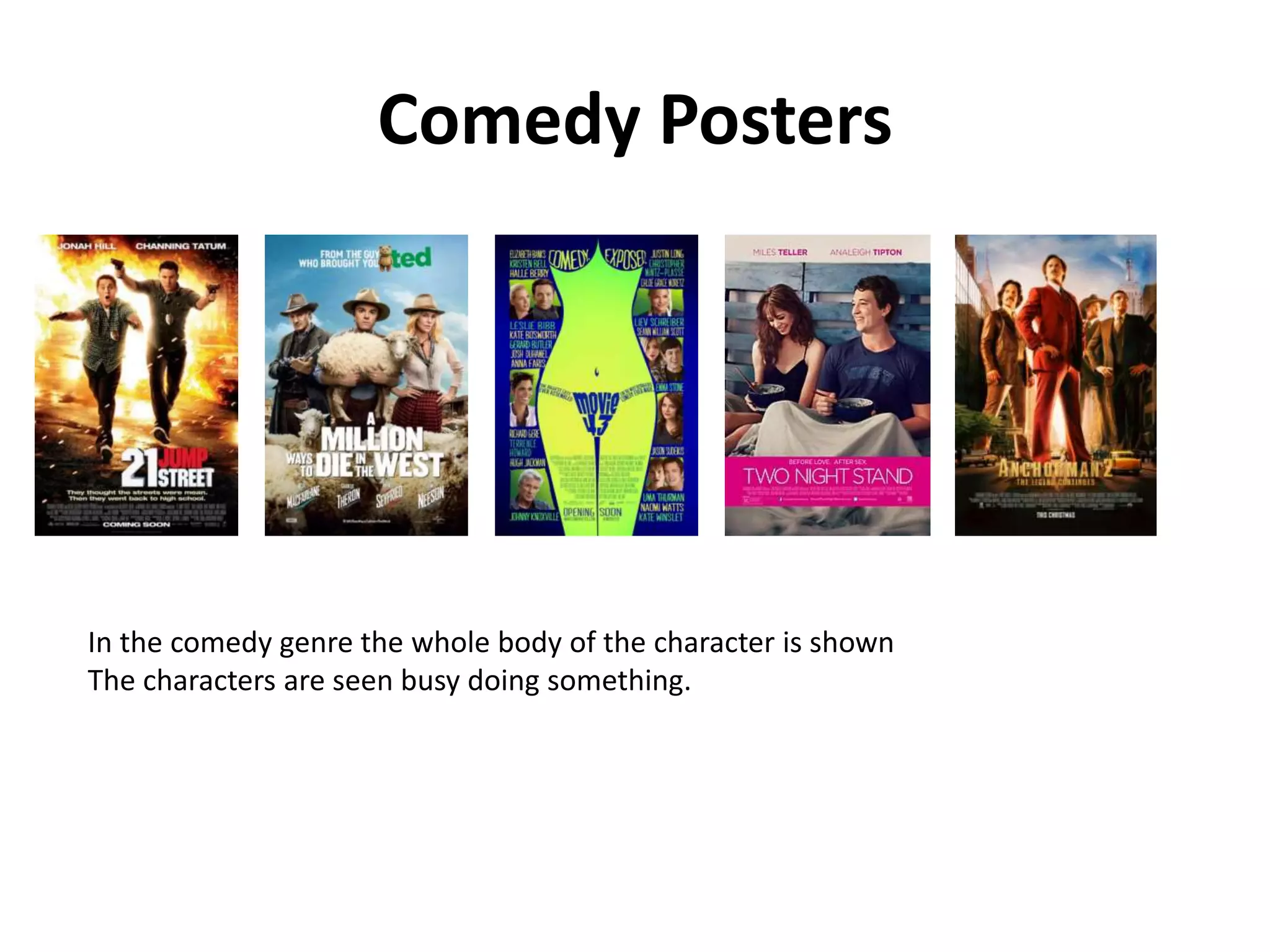 Comedy Posters 
In the comedy genre the whole body of the character is shown 
The characters are seen busy doing something. 
 