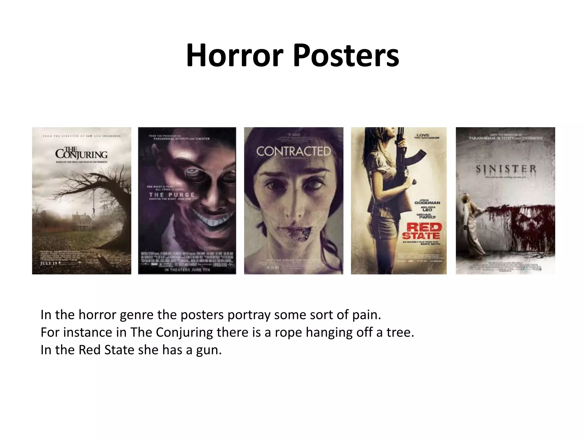 Horror Posters 
In the horror genre the posters portray some sort of pain. 
For instance in The Conjuring there is a rope hanging off a tree. 
In the Red State she has a gun. 
 