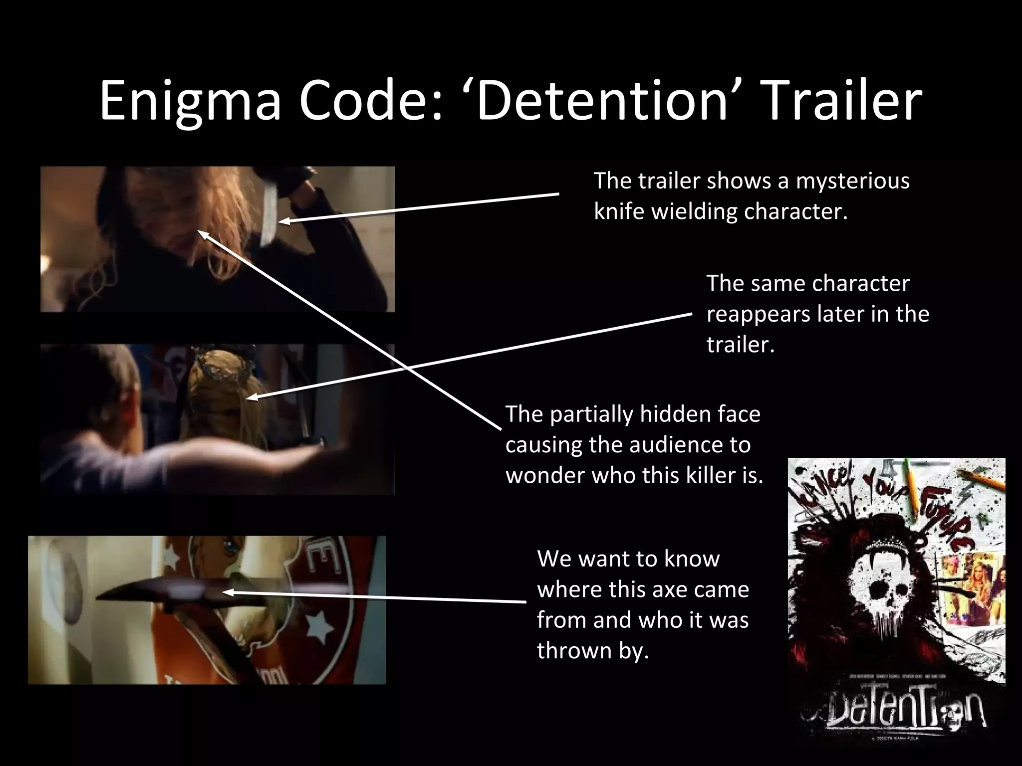 Enigma Code: ‘Detention’ Trailer
                       The trailer shows a mysterious
                       knife wielding character.

                                   The same character
                                   reappears later in the
                                   trailer.

               The partially hidden face
               causing the audience to
               wonder who this killer is.


                  We want to know
                  where this axe came
                  from and who it was
                  thrown by.
 