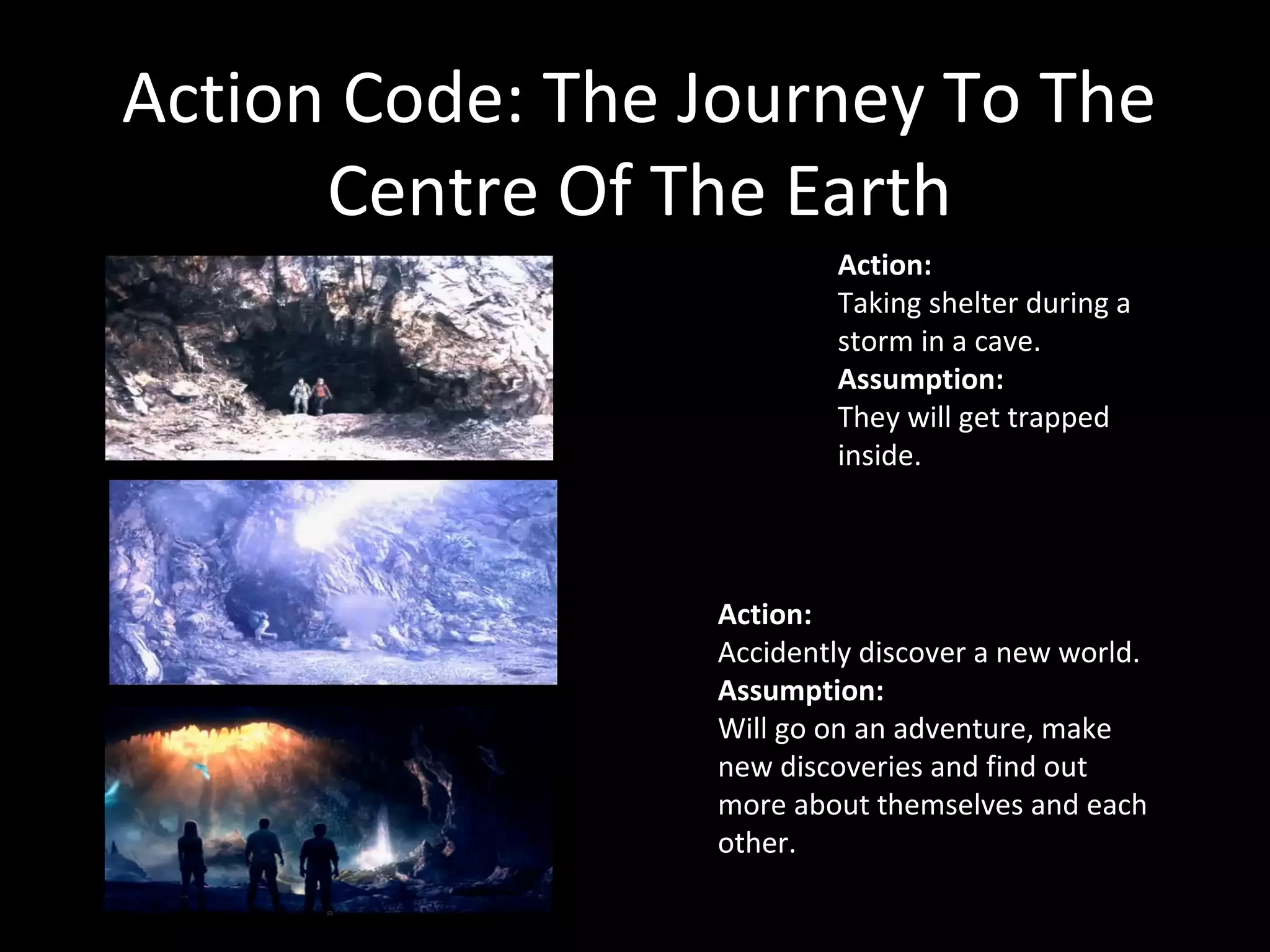 Action Code: The Journey To The
      Centre Of The Earth
                         Action:
                         Taking shelter during a
                         storm in a cave.
                         Assumption:
                         They will get trapped
                         inside.




                 Action:
                 Accidently discover a new world.
                 Assumption:
                 Will go on an adventure, make
                 new discoveries and find out
                 more about themselves and each
                 other.
 