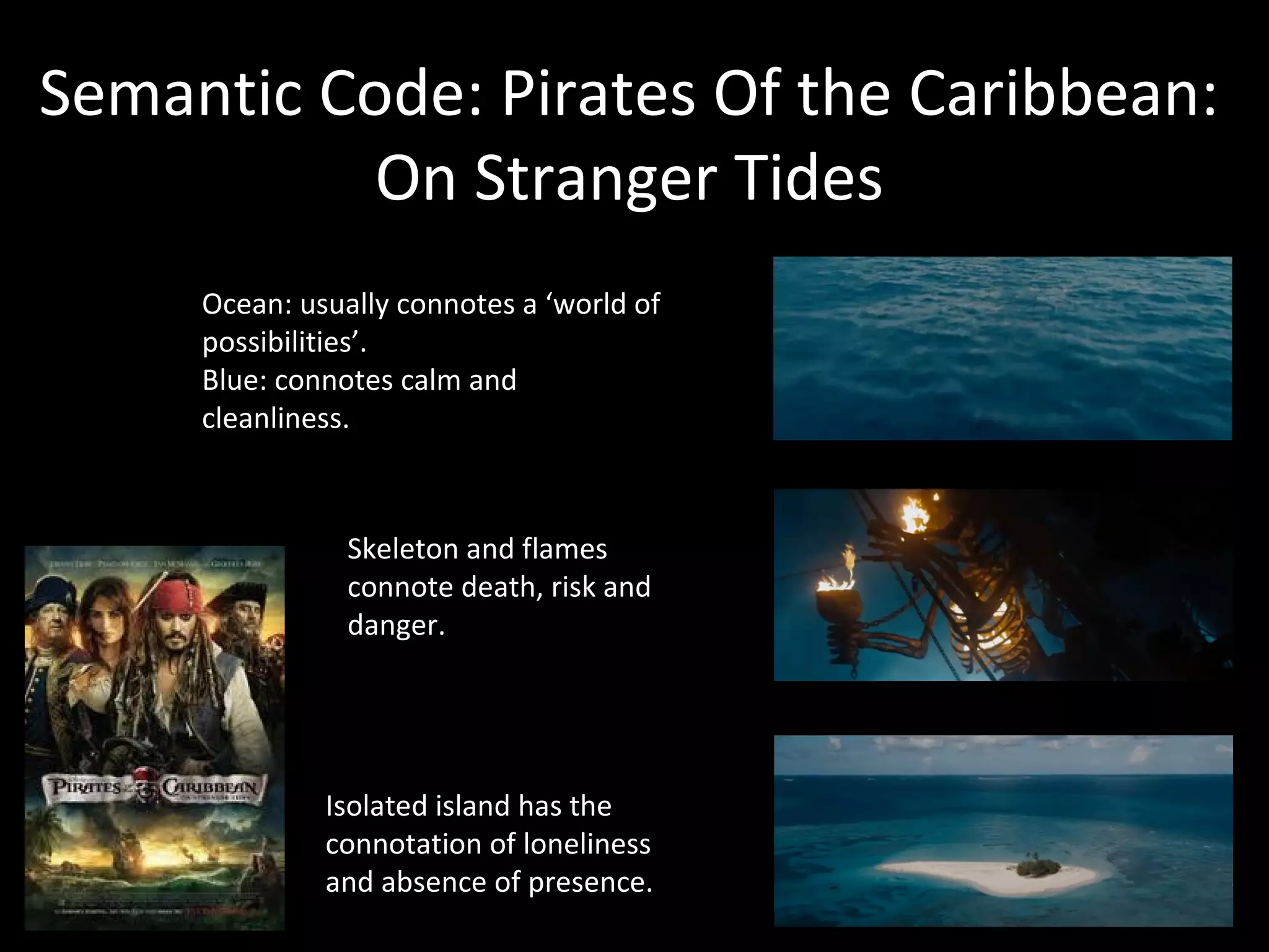 Semantic Code: Pirates Of the Caribbean:
           On Stranger Tides
     Ocean: usually connotes a ‘world of
     possibilities’.
     Blue: connotes calm and
     cleanliness.



                Skeleton and flames
                connote death, risk and
                danger.




              Isolated island has the
              connotation of loneliness
              and absence of presence.
 