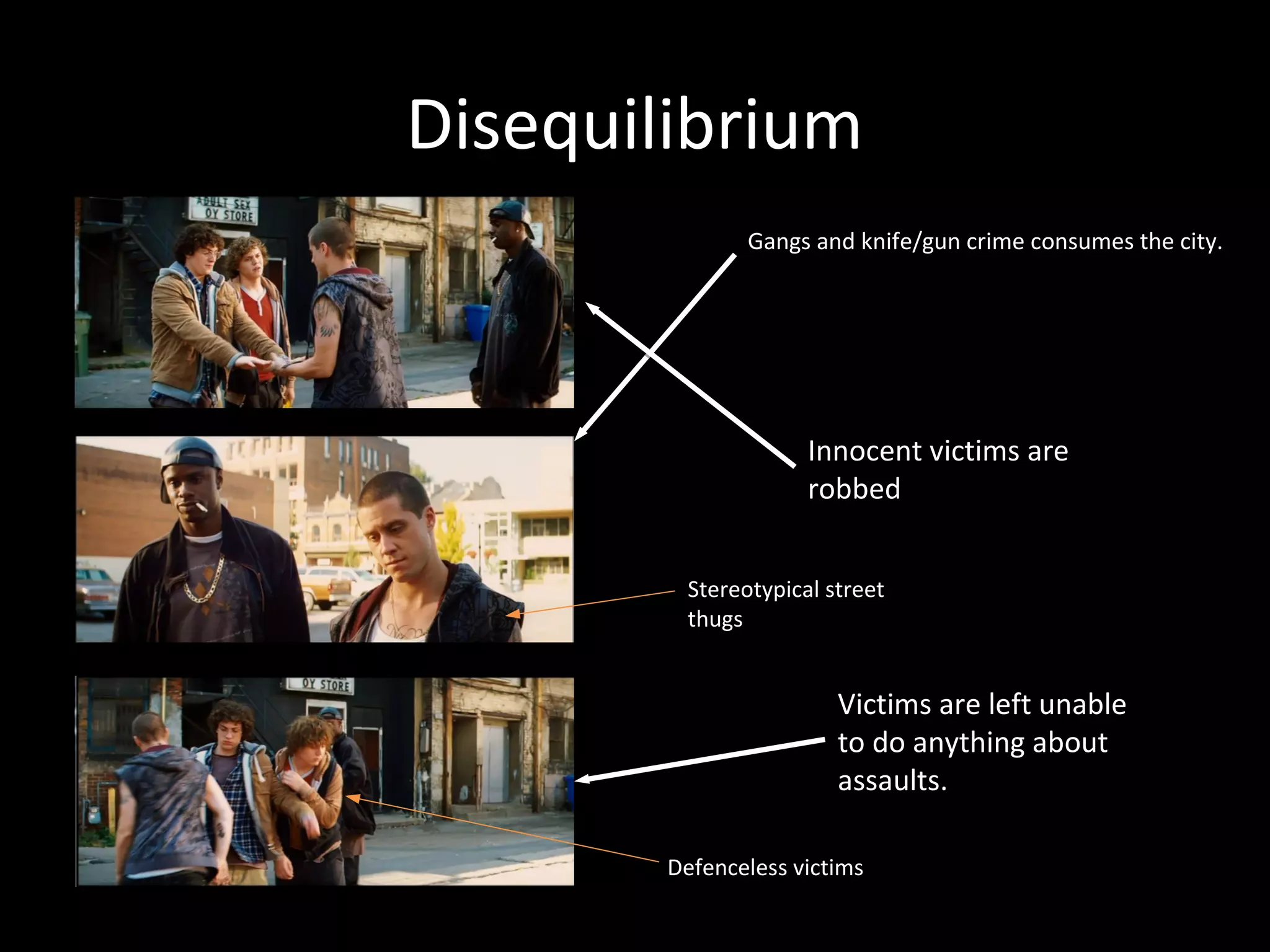 Disequilibrium
               Gangs and knife/gun crime consumes the city.




                     Innocent victims are
                     robbed


         Stereotypical street
         thugs


                        Victims are left unable
                        to do anything about
                        assaults.

        Defenceless victims
 
