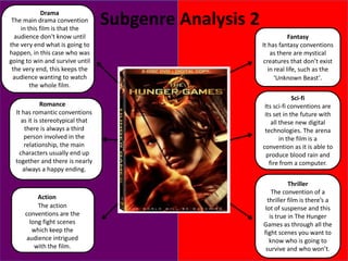 Drama
The main drama convention
in this film is that the
audience don't know until
the very end what is going to
happen, in this case who was
going to win and survive until
the very end, this keeps the
audience wanting to watch
the whole film.
Romance
It has romantic conventions
as it is stereotypical that
there is always a third
person involved in the
relationship, the main
characters usually end up
together and there is nearly
always a happy ending.

Action
The action
conventions are the
long fight scenes
which keep the
audience intrigued
with the film.

Subgenre Analysis 2
Fantasy
It has fantasy conventions
as there are mystical
creatures that don’t exist
in real life, such as the
‘Unknown Beast’.
Sci-fi
Its sci-fi conventions are
its set in the future with
all these new digital
technologies. The arena
in the film is a
convention as it is able to
produce blood rain and
fire from a computer.
Thriller
The convention of a
thriller film is there’s a
lot of suspense and this
is true in The Hunger
Games as through all the
fight scenes you want to
know who is going to
survive and who won’t.

 