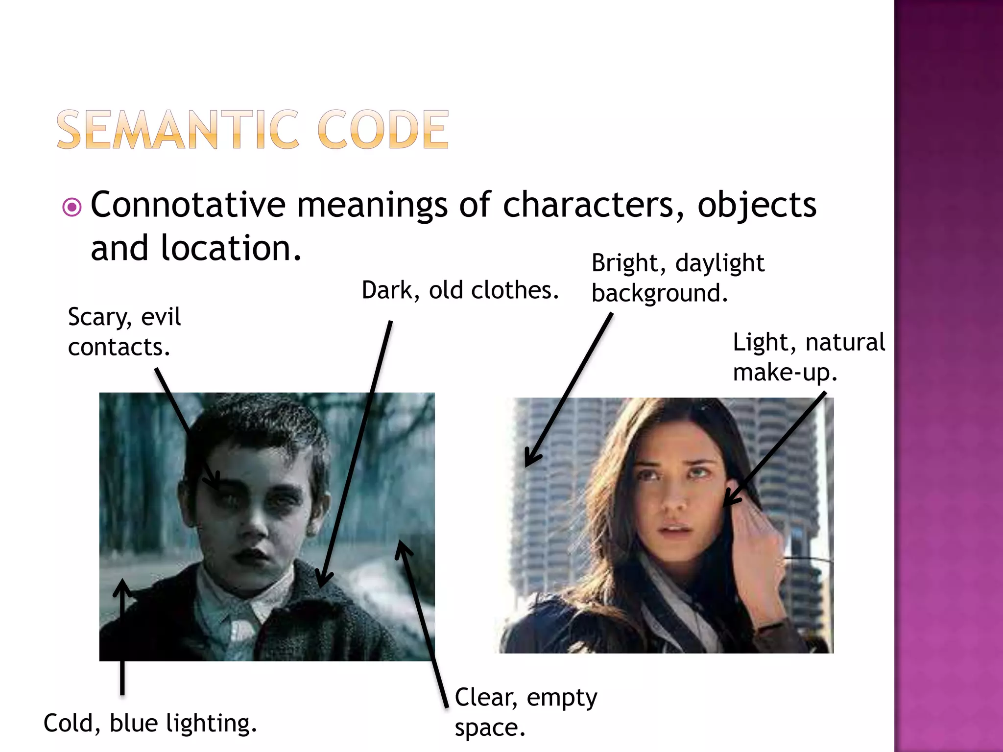  Connotative  meanings of characters, objects
    and location.                Bright, daylight
                       Dark, old clothes.   background.
  Scary, evil
  contacts.                                               Light, natural
                                                          make-up.




                               Clear, empty
Cold, blue lighting.           space.
 