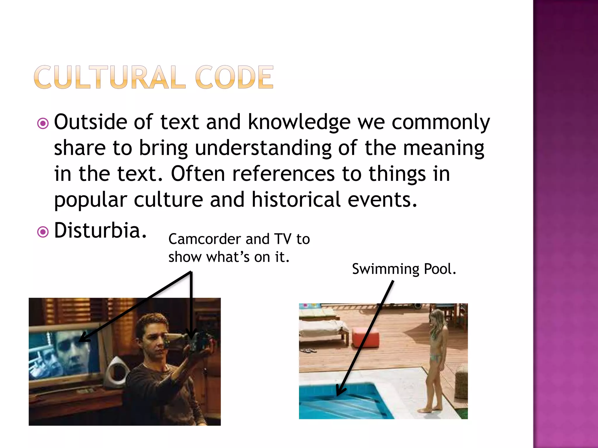  Outside  of text and knowledge we commonly
  share to bring understanding of the meaning
  in the text. Often references to things in
  popular culture and historical events.
 Disturbia. Camcorder and TV to
             show what‟s on it.
                                  Swimming Pool.
 