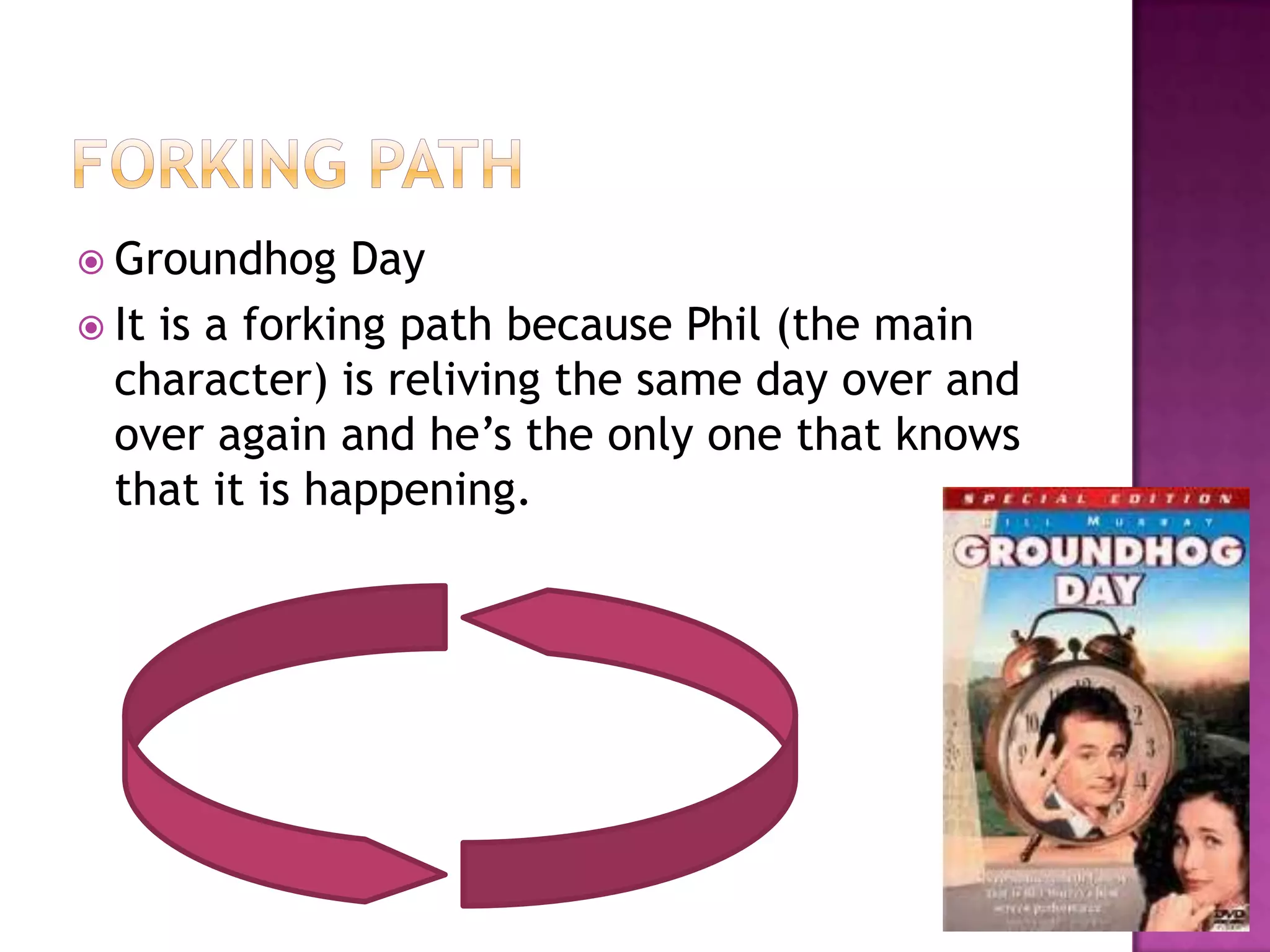  Groundhog     Day
 It is a forking path because Phil (the main
  character) is reliving the same day over and
  over again and he‟s the only one that knows
  that it is happening.
 