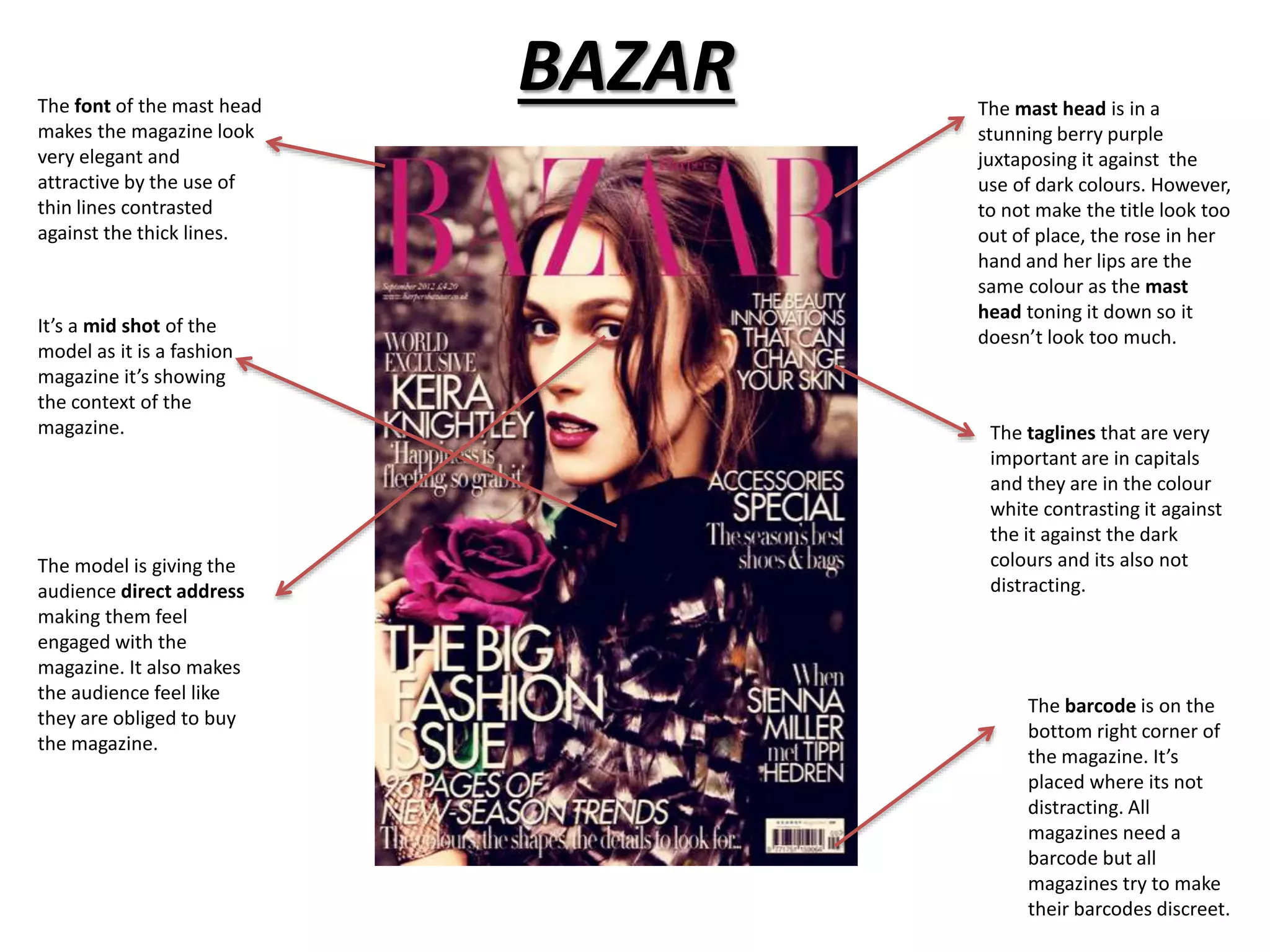 BAZAR 
The mast head is in a 
stunning berry purple 
juxtaposing it against the 
use of dark colours. However, 
to not make the title look too 
out of place, the rose in her 
hand and her lips are the 
same colour as the mast 
head toning it down so it 
doesn’t look too much. 
The font of the mast head 
makes the magazine look 
very elegant and 
attractive by the use of 
thin lines contrasted 
against the thick lines. 
The taglines that are very 
important are in capitals 
and they are in the colour 
white contrasting it against 
the it against the dark 
colours and its also not 
distracting. 
It’s a mid shot of the 
model as it is a fashion 
magazine it’s showing 
the context of the 
magazine. 
The barcode is on the 
bottom right corner of 
the magazine. It’s 
placed where its not 
distracting. All 
magazines need a 
barcode but all 
magazines try to make 
their barcodes discreet. 
The model is giving the 
audience direct address 
making them feel 
engaged with the 
magazine. It also makes 
the audience feel like 
they are obliged to buy 
the magazine. 
 