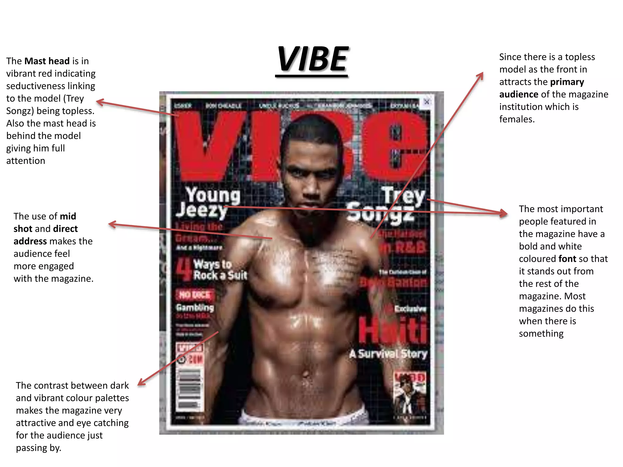 VIBE Since there is a topless 
model as the front in 
attracts the primary 
audience of the magazine 
institution which is 
females. 
The Mast head is in 
vibrant red indicating 
seductiveness linking 
to the model (Trey 
Songz) being topless. 
Also the mast head is 
behind the model 
giving him full 
attention 
The most important 
people featured in 
the magazine have a 
bold and white 
coloured font so that 
it stands out from 
the rest of the 
magazine. Most 
magazines do this 
when there is 
something 
The use of mid 
shot and direct 
address makes the 
audience feel 
more engaged 
with the magazine. 
The contrast between dark 
and vibrant colour palettes 
makes the magazine very 
attractive and eye catching 
for the audience just 
passing by. 
 