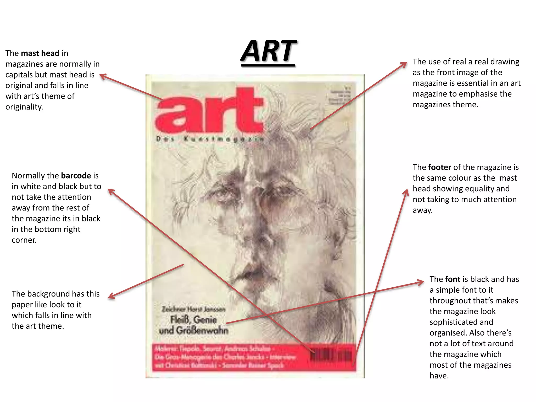 ART The use of real a real drawing 
as the front image of the 
magazine is essential in an art 
magazine to emphasise the 
magazines theme. 
The mast head in 
magazines are normally in 
capitals but mast head is 
original and falls in line 
with art’s theme of 
originality. 
The footer of the magazine is 
the same colour as the mast 
head showing equality and 
not taking to much attention 
away. 
Normally the barcode is 
in white and black but to 
not take the attention 
away from the rest of 
the magazine its in black 
in the bottom right 
corner. 
The background has this 
paper like look to it 
which falls in line with 
the art theme. 
The font is black and has 
a simple font to it 
throughout that’s makes 
the magazine look 
sophisticated and 
organised. Also there’s 
not a lot of text around 
the magazine which 
most of the magazines 
have. 
