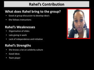 Rahel’s Contribution
What does Rahel bring to the group?            Picture
• Good at group discussion to develop idea’s
• She follows instructions


Rahel’s Weaknesses
• Organisation of slides
• Late giving in work
• Lack of independence and initiative

Rahel’s Strengths
• ….
• She knows a lot on celebrity culture
• Good ideas
• Team player
 
