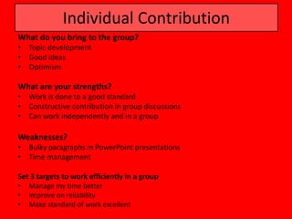 Individual Contribution
What do you bring to the group?
• Topic development
• Good ideas
• Optimism

What are your strengths?
• Work is done to a good standard
• Constructive contribution in group discussions
• Can work independently and in a group

Weaknesses?
• Bulky paragraphs in PowerPoint presentations
• Time management

Set 3 targets to work efficiently in a group
•   Manage my time better
•   Improve on reliability
•   Make standard of work excellent
 