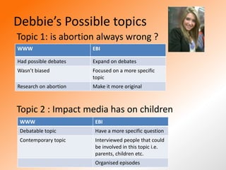 Debbie’s Possible topics
Topic 1: is abortion always wrong ?
WWW                    EBI

Had possible debates   Expand on debates
Wasn’t biased          Focused on a more specific
                       topic
Research on abortion   Make it more original



Topic 2 : Impact media has on children
 WWW                    EBI
 Debatable topic        Have a more specific question
 Contemporary topic     Interviewed people that could
                        be involved in this topic i.e.
                        parents, children etc.
                        Organised episodes
 