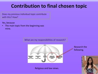 Contribution to final chosen topic
Does my previous individual topic contribute
with this? How?

Yes, because
• The main topic from the beginning was
   mine.



                      What are my responsibilities of research?

                                                                  Research the
                                                                  following.




                                Religious and law views.
 