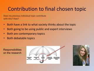 Contribution to final chosen topic
Does my previous individual topic contribute
with this? How?

•   Both have a link to what society thinks about the topic
•   Both going to be using public and expert interviews
•   Both are contemporary topics
•   Both debatable topics


Responsibilities
on the research
 