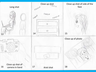Close up shot    Close up shot of side of the
        Long shot                                        face




13                      14                   15

                                             Close up of photo




     Close up shot of
16   camera in hand     17     Ariel shot    18
 