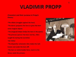 Q




Characters and their purpose in Propp’s
theory:

•The villain (struggles against the hero)
•The donor (prepares the hero or gives the hero
some magical object)
•The (magical) helper (helps the hero in the quest)
•The princess (person the hero marries, often
sought for during the narrative)
•Her father
•The dispatcher (character who makes the lack
known and sends the hero off)
•The hero or victim/seeker hero, reacts to the
donor, weds the princess
 