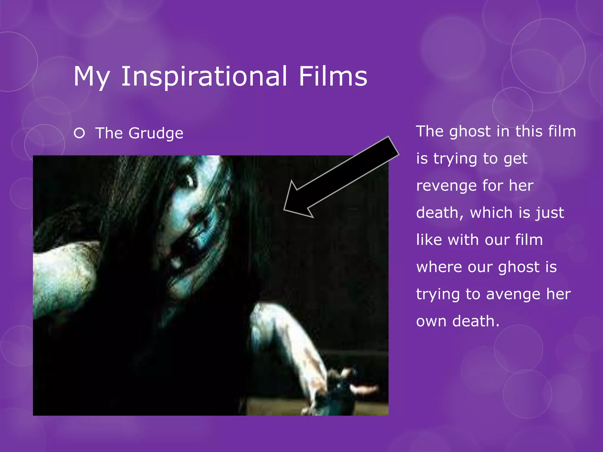My Inspirational Films
 The Grudge             The ghost in this film
                         is trying to get
                         revenge for her
                         death, which is just
                         like with our film
                         where our ghost is
                         trying to avenge her
                         own death.
 