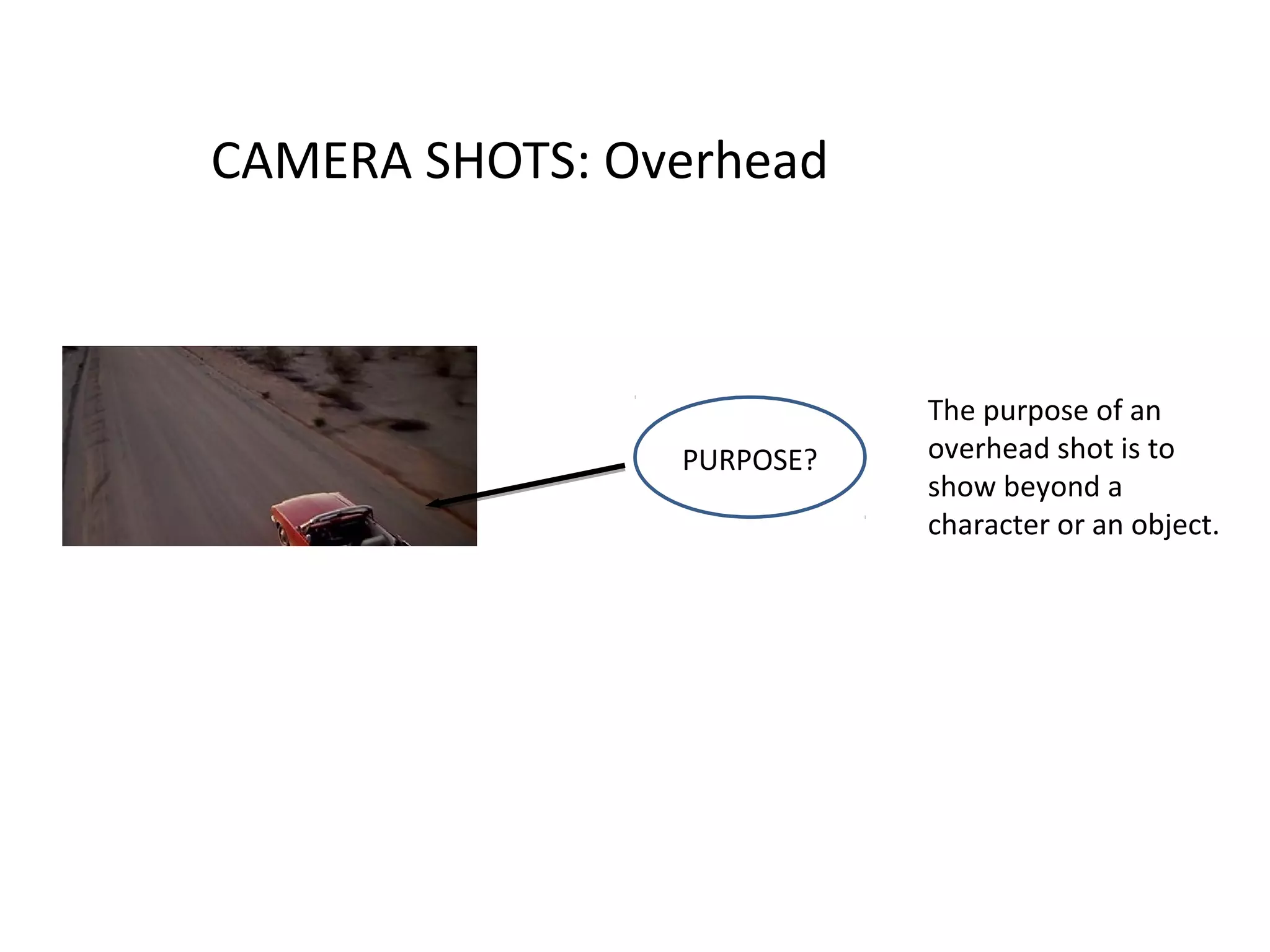 CAMERA SHOTS: Overhead



                           The purpose of an
                PURPOSE?   overhead shot is to
                           show beyond a
                           character or an object.
 