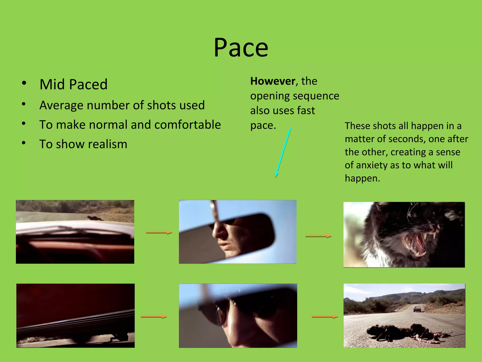Pace
• Mid Paced                          However, the
                                     opening sequence
•   Average number of shots used     also uses fast
•   To make normal and comfortable   pace.            These shots all happen in a
•                                                       matter of seconds, one after
    To show realism
                                                        the other, creating a sense
                                                        of anxiety as to what will
                                                        happen.
 