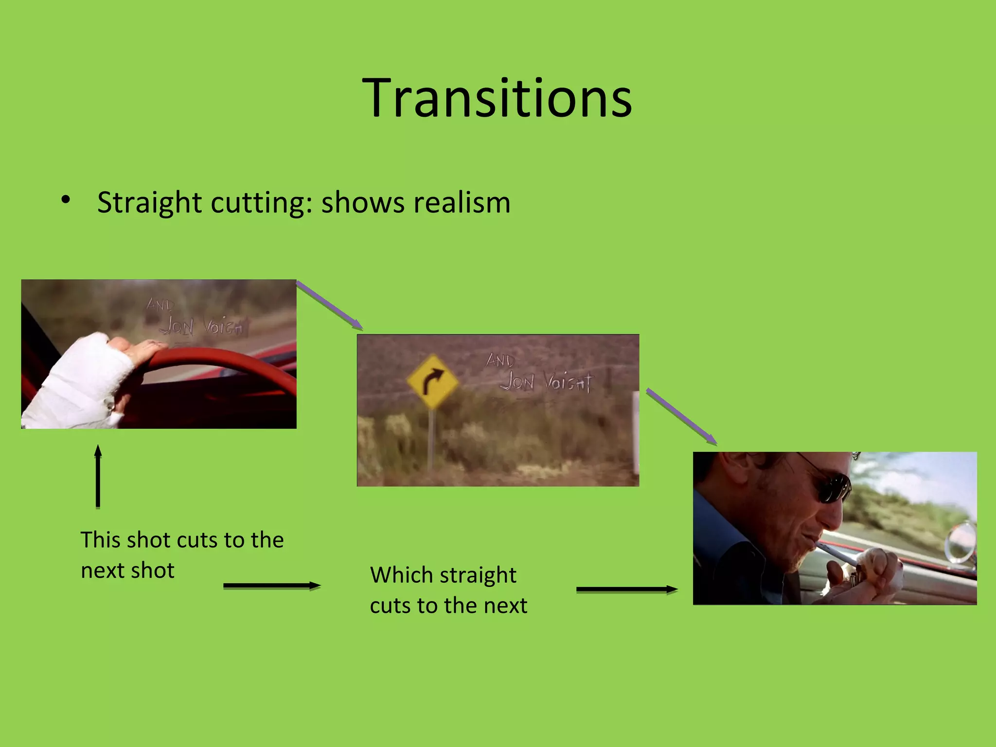 Transitions
• Straight cutting: shows realism




 This shot cuts to the
 next shot               Which straight
                         cuts to the next
 