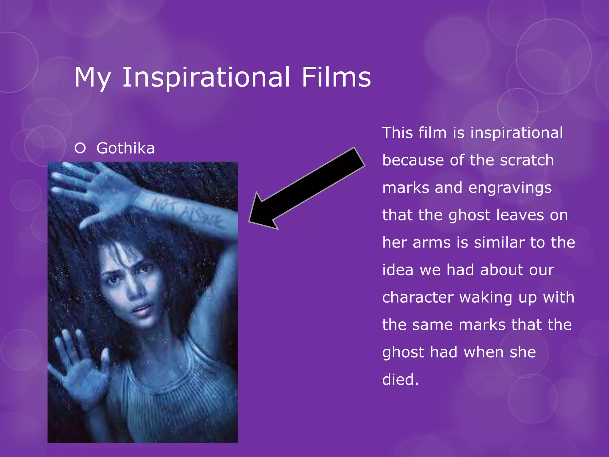 My Inspirational Films
                         This film is inspirational
 Gothika
                         because of the scratch
                         marks and engravings
                         that the ghost leaves on
                         her arms is similar to the
                         idea we had about our
                         character waking up with
                         the same marks that the
                         ghost had when she
                         died.
 
