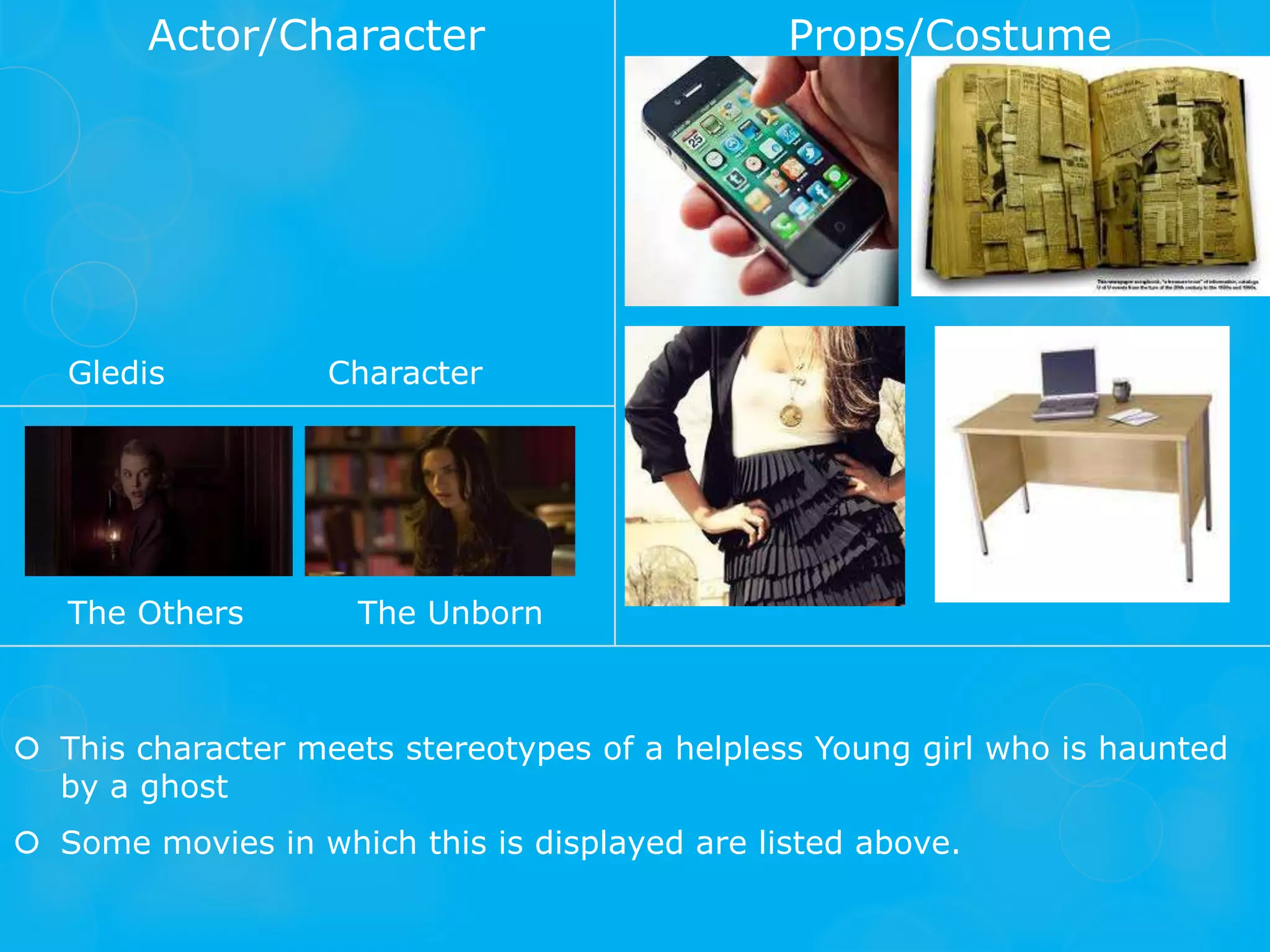 Actor/Character                        Props/Costume




   Gledis          Character




   The Others        The Unborn



 This character meets stereotypes of a helpless Young girl who is haunted
  by a ghost
 Some movies in which this is displayed are listed above.
 