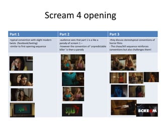 Scream 4 opening
Part 1                                   Part 2                                      Part 3
-typical convention with slight modern   -audience sees that part 1 is a like a      -they discuss stereotypical conventions of
twists (facebook/texting)                parody of scream 1 –                        horror films
-similar to first opening sequence       -however the convention of ‘unpredictable   - The chase/kill sequence reinforces
                                         killer’ is then a parody                    conventions but also challenges them!
 
