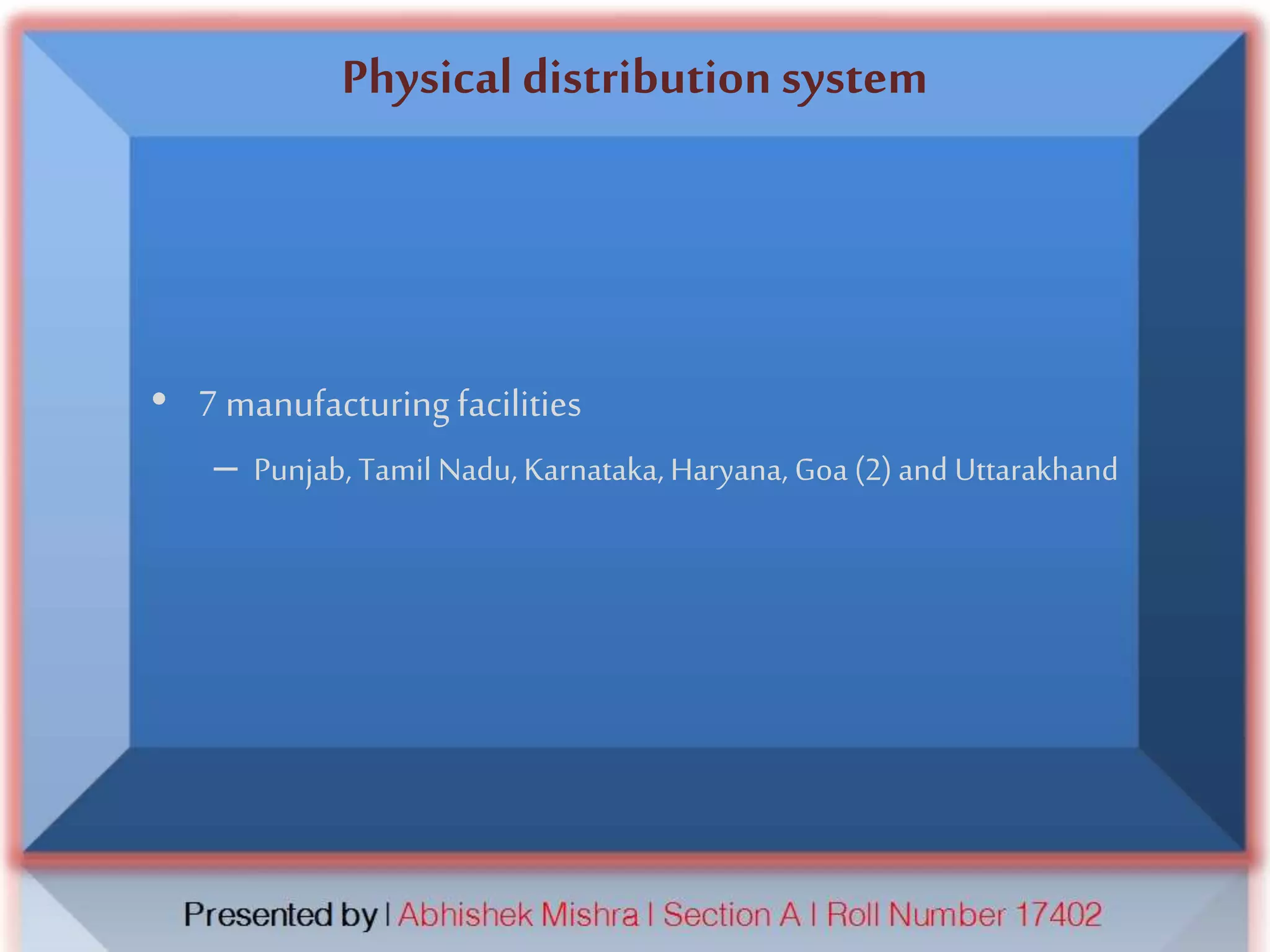 Physical distribution system
• 7 manufacturing facilities
– Punjab, Tamil Nadu, Karnataka, Haryana, Goa (2)and Uttarakhand