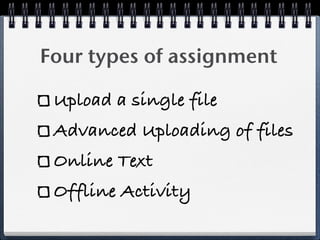 Four types of assignment

 Upload a single file
 Advanced Uploading of files
 Online Text
 Offline Activity
 