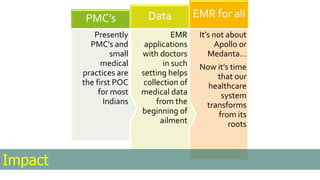 It’s not about
Apollo or
Medanta…
Now it’s time
that our
healthcare
system
transforms
from its
roots
EMR for all
EMR
applications
with doctors
in such
setting helps
collection of
medical data
from the
beginning of
ailment
Data
Presently
PMC’s and
small
medical
practices are
the first POC
for most
Indians
PMC’s
Impact
 