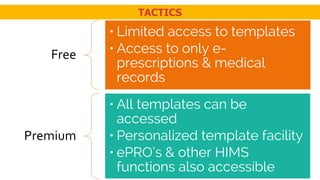 TACTICS
Free
• Limited access to templates
• Access to only e-
prescriptions & medical
records
Premium
• All templates can be
accessed
• Personalized template facility
• ePRO’s & other HIMS
functions also accessible
 