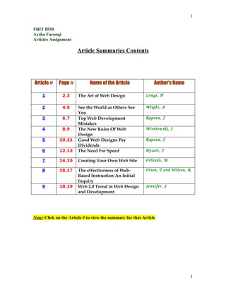 1

FRIT 8530
Aysha Farooqi
Articles Assignment

                       Article Summaries Contents




Article #    Page #           Name of the Article               Author’s Name

    1          2,3     The Art of Web Design               Longe, H

    2          4,5     See the World as Others See         Wiight, A
                       You
    3          6,7     Top Web Development                 Rapoza, J
                       Mistakes
    4          8,9     The New Rules Of Web                Wisniewski, J
                       Design
    5         10,11    Good Web Designs Pay                Rapoza, J
                       Dividends
    6         12,13    The Need For Speed                  Dysart, J

    7         14,15    Creating Your Own Web Site          Orlando, M

    8         16,17    The effectiveness of Web-           Olson, T and Wilson, R
                       Based Instruction-An Initial
                       Inquiry
    9         18,19    Web 2.0 Trend in Web Design         Jennifer, S
                       and Development




Note: Click on the Article # to view the summary for that Article




                                                                                    1
 